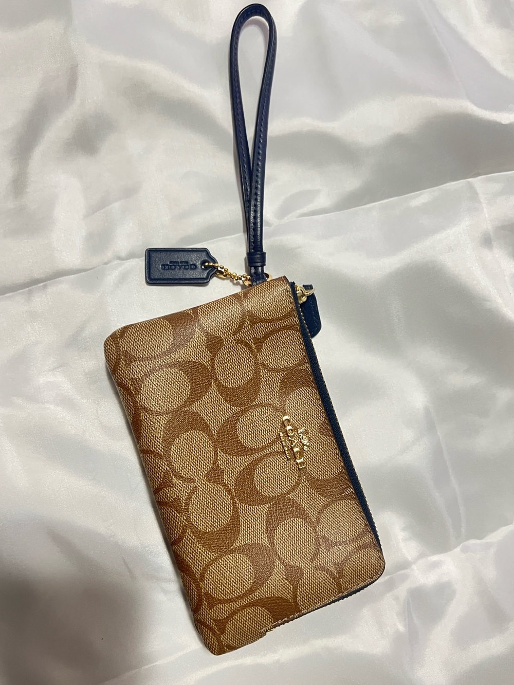 Coach Signature Canvas Double Wristlet with Navy Trim and Gold Hardware